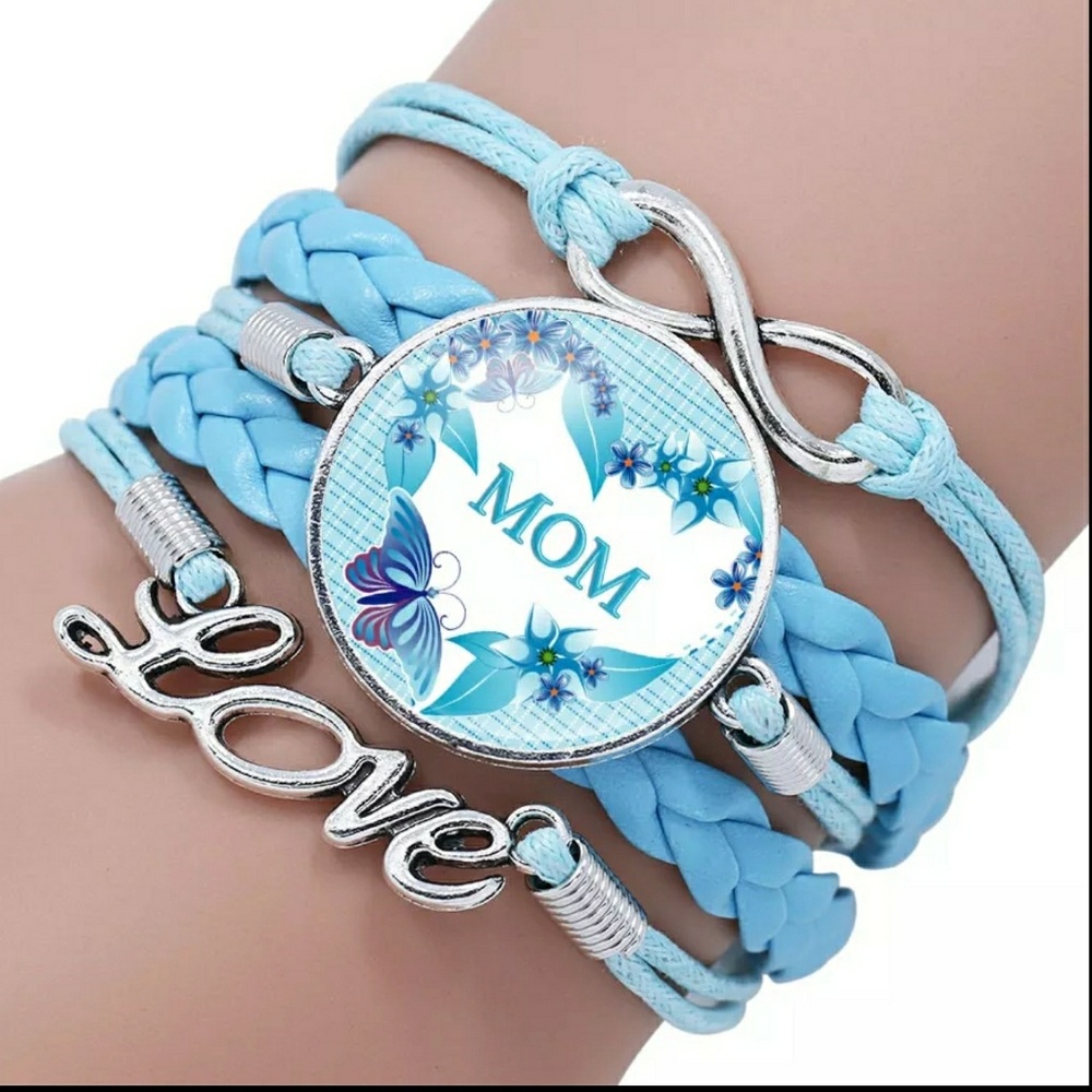 Infinity mom leather charm bracelet,  blue
